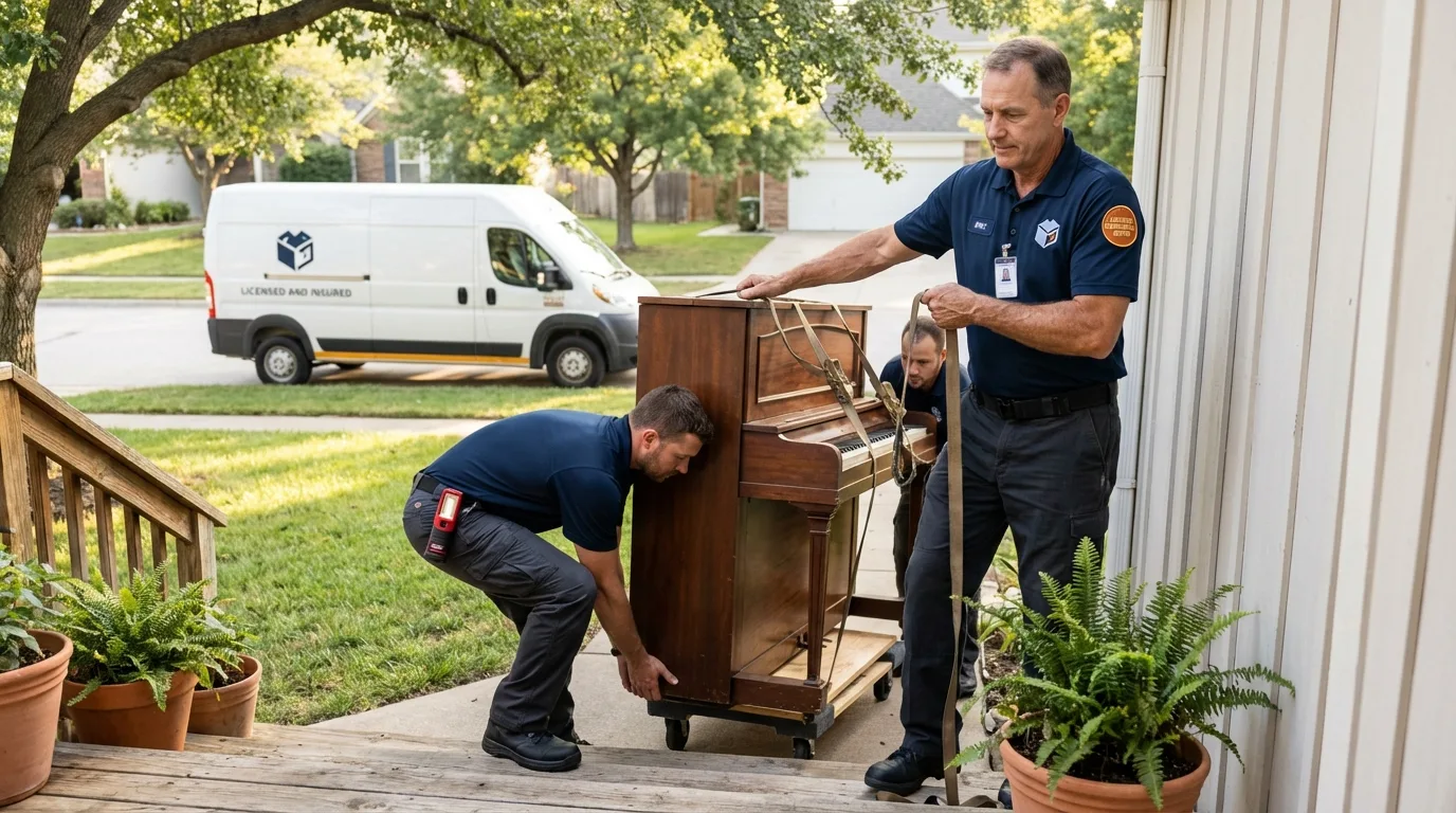 Licensed piano movers securing grand piano in Circle Pines, MN