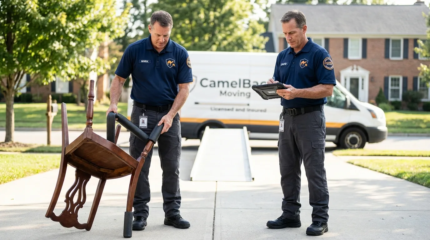 Movers inspecting furniture for damage prevention before loading in Circle Pines, MN